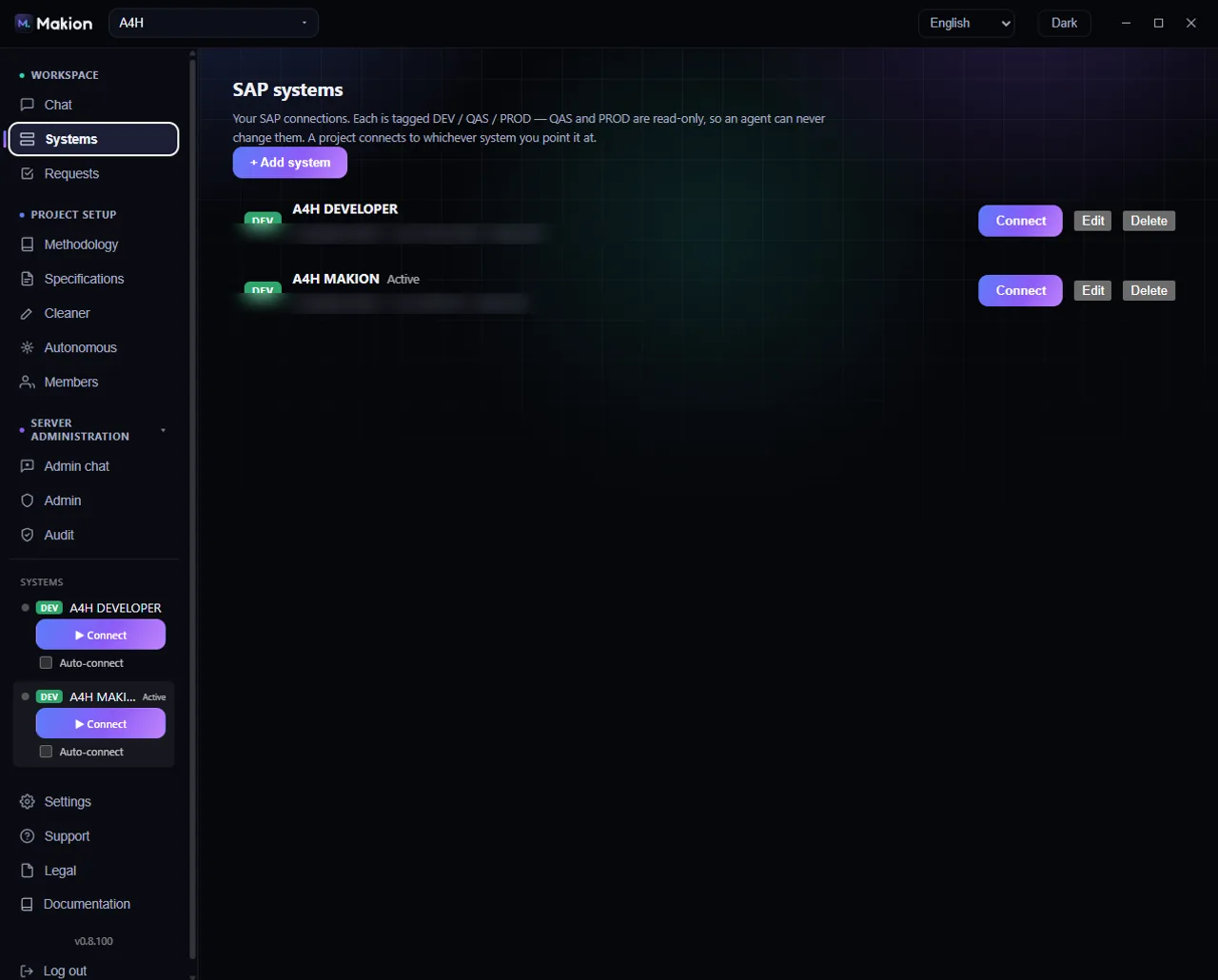 Systems & SAP connections — Makion
